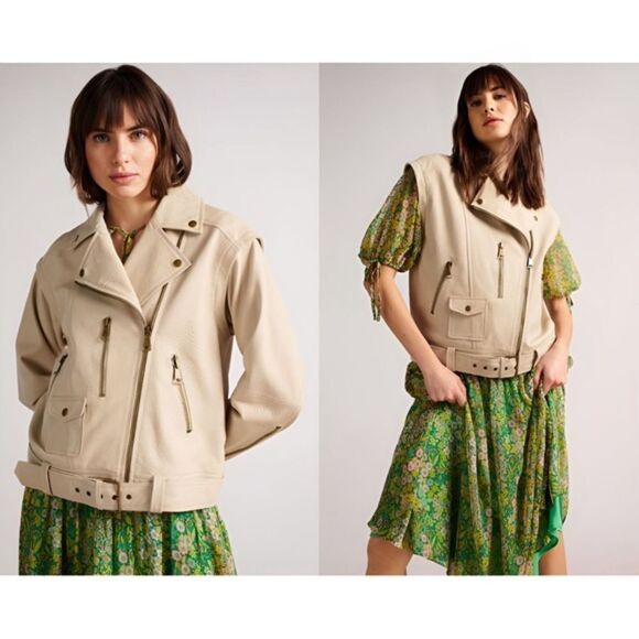 Convertible Ted Baker Valerii Leather Biker Jacket, Ivory 5 Spring Summer Jacket - Picture 3 of 17